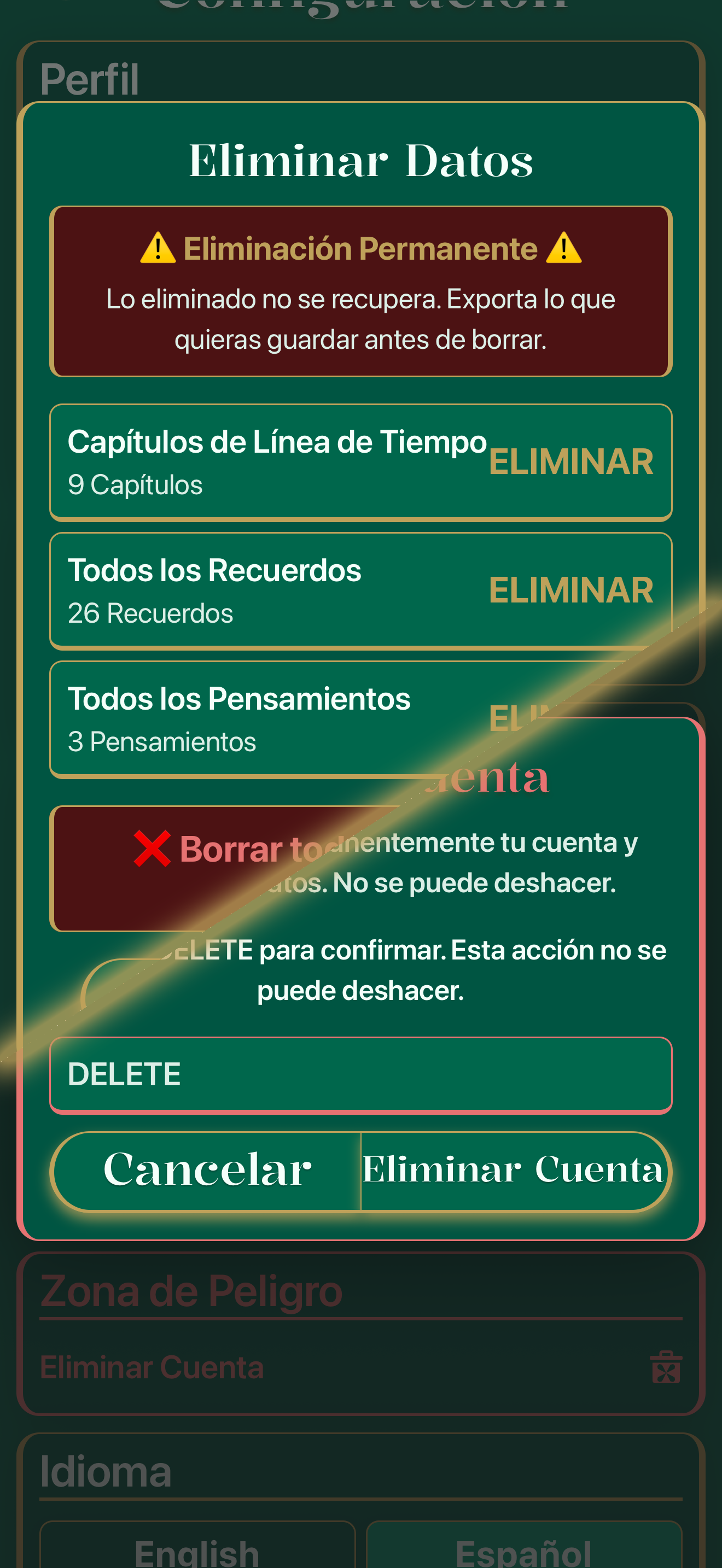 Pantalla de Configuración de Life Tape mostrando la opción Eliminar cuenta