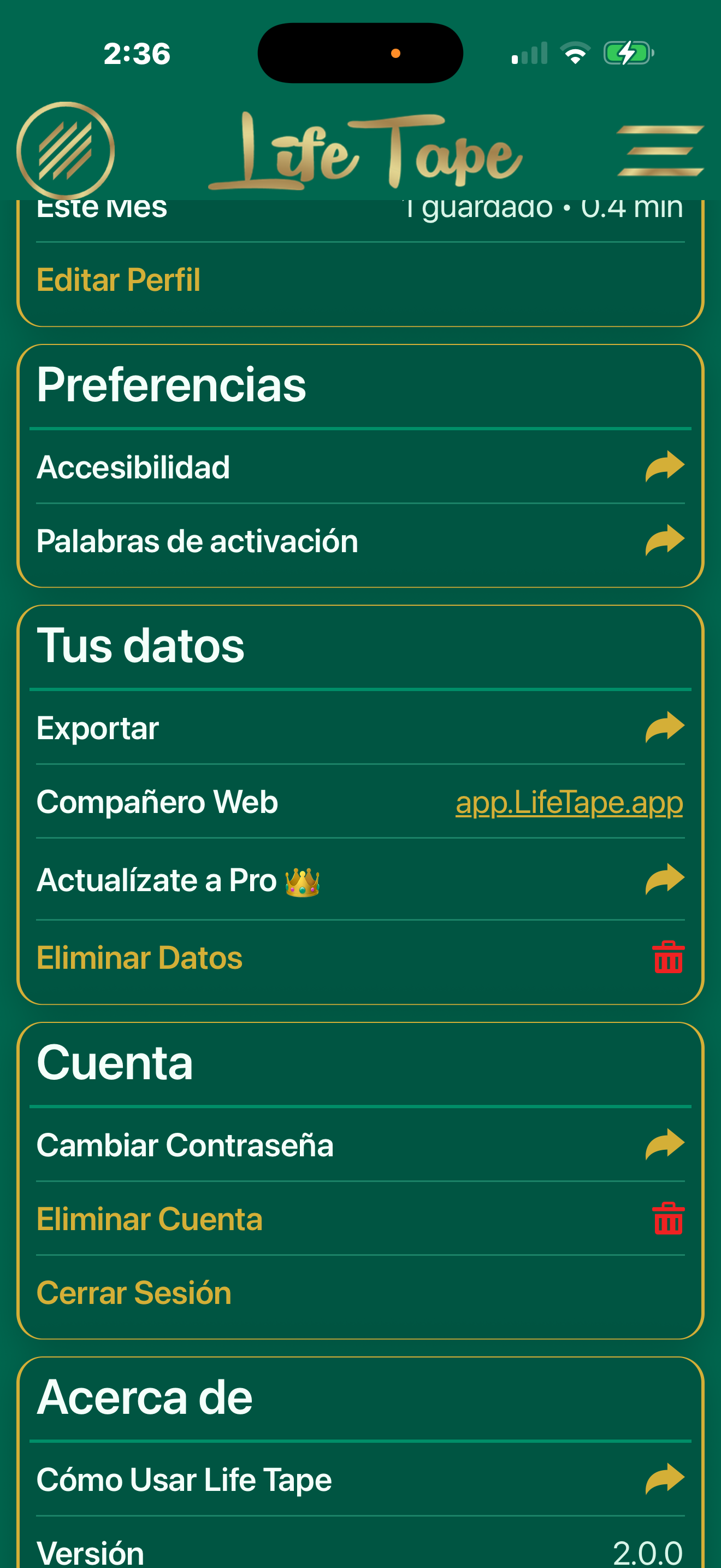 Pantalla de ajustes para privacidad, exportación y preferencias