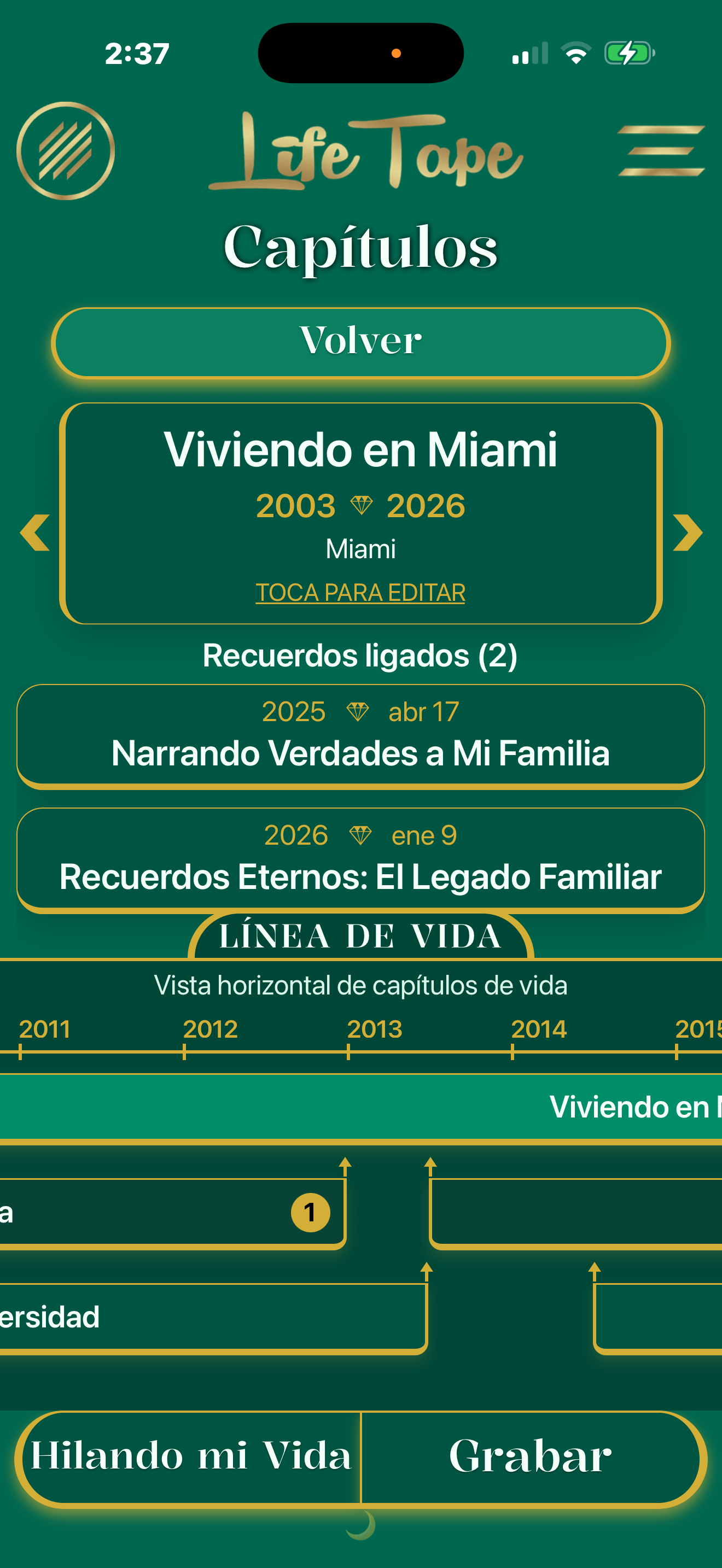 Pantalla de cronología con capítulos de vida