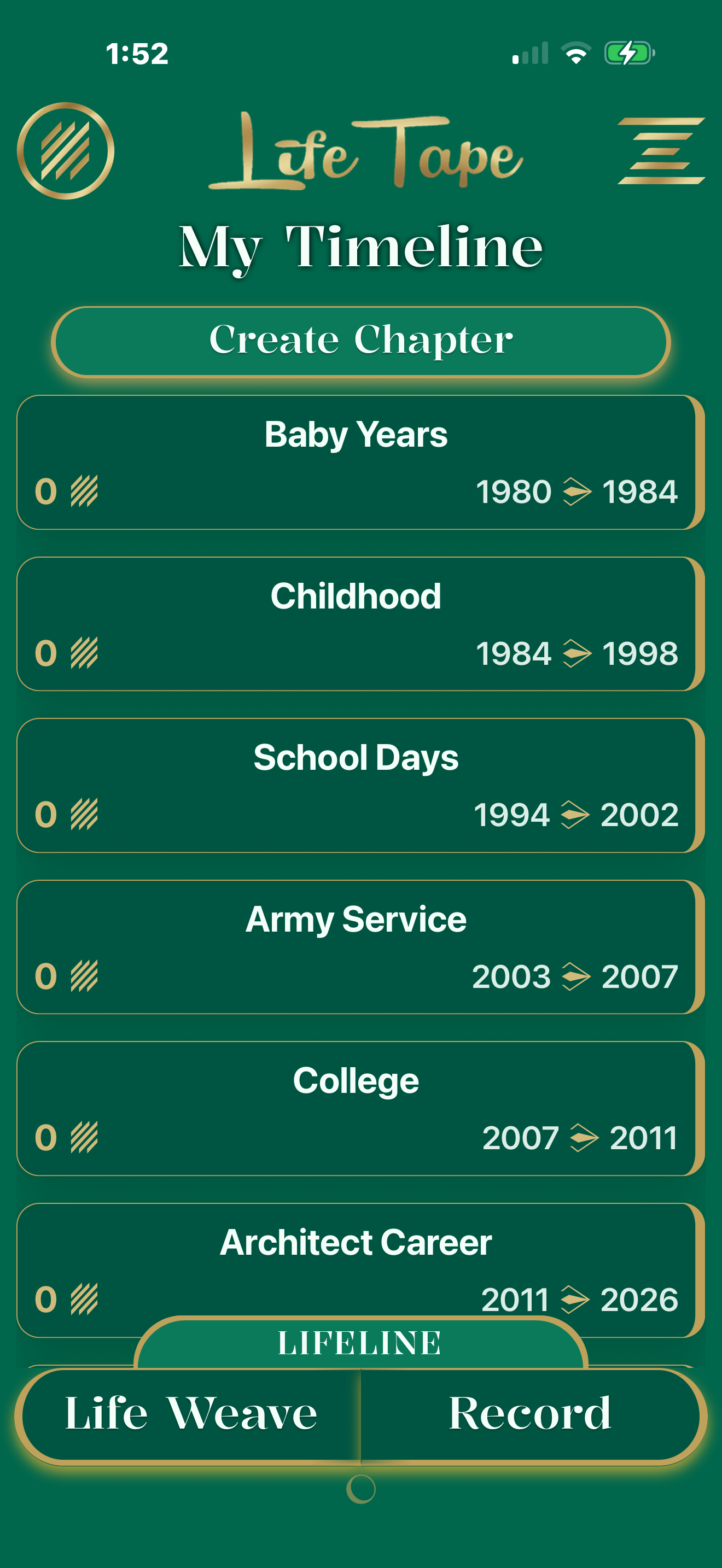 Timeline screen showing life chapters
