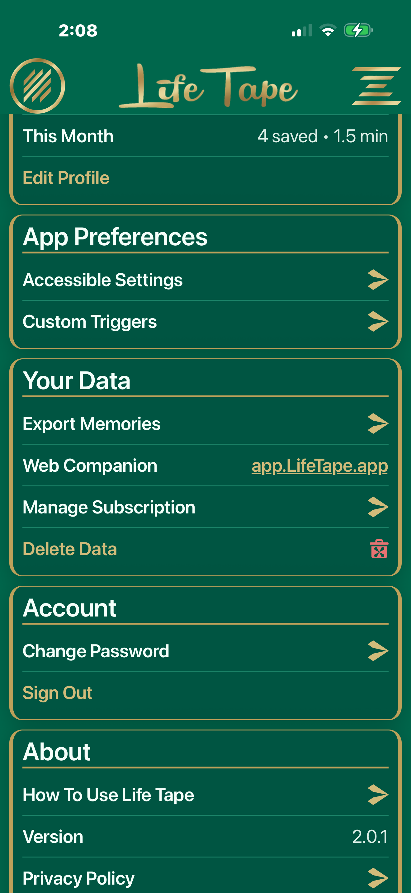 Settings screen for privacy, exporting, and preferences