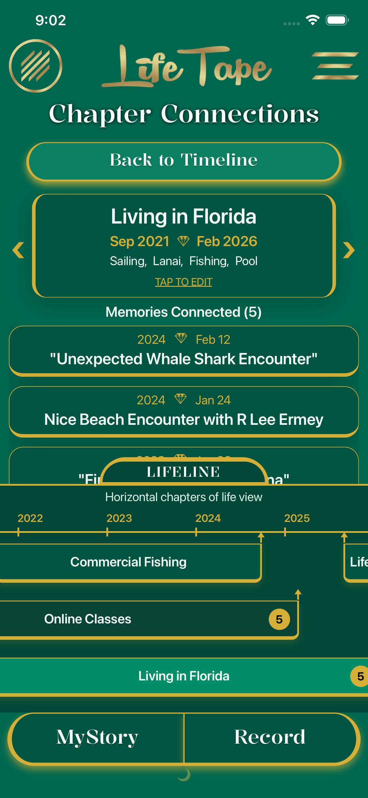 Timeline screen showing organized memories